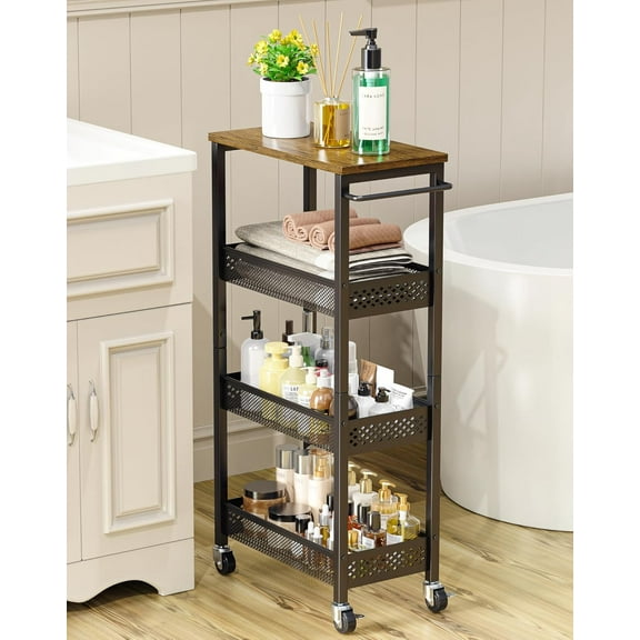 Slim Storage Cart, 4-Tier Narrow Bathroom Organizer and Storage Cart, Metal Narrow Kitchen Laundry Room Organization Rack with Wood Top, Slim Rolling Shelf with Wheels for Small Space