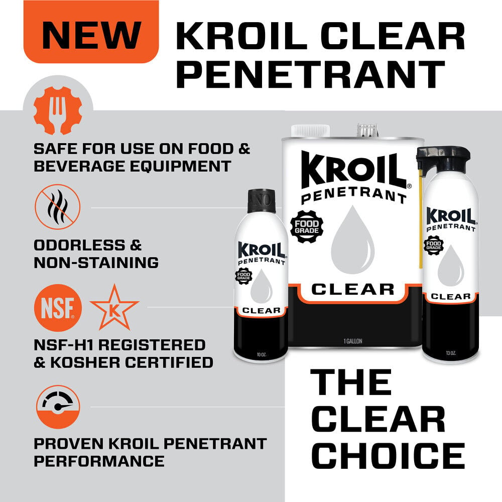 Kroil Clear Food Grade Penetrating Oil SprayTech 360° Nozzle & Straw (Aerosol Spray-13oz Can-Single), Odorless Non-Staining Industrial Rust Penetrant, NSF-H1 Registered, Kosher Certified (CKS132ST)
