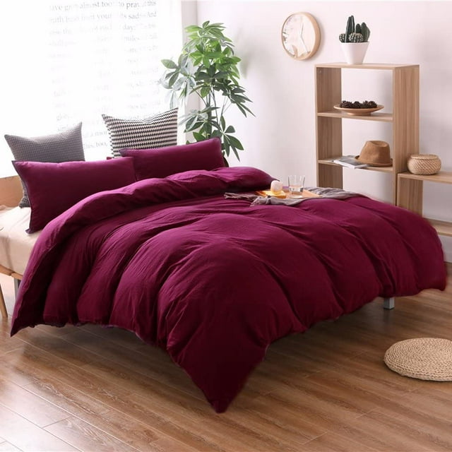 3 Piece Solid Color Wine Red Quilt Cover Bedding Duvet Cover Set(Queen)