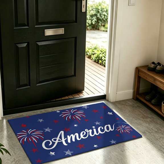 Front Door Mat Indoor Outdoor Independence Day America Firework Non-Slip Doormat Low Profile Patio Porch Entryway Rug 16x24in Patriotic Red Star Blue