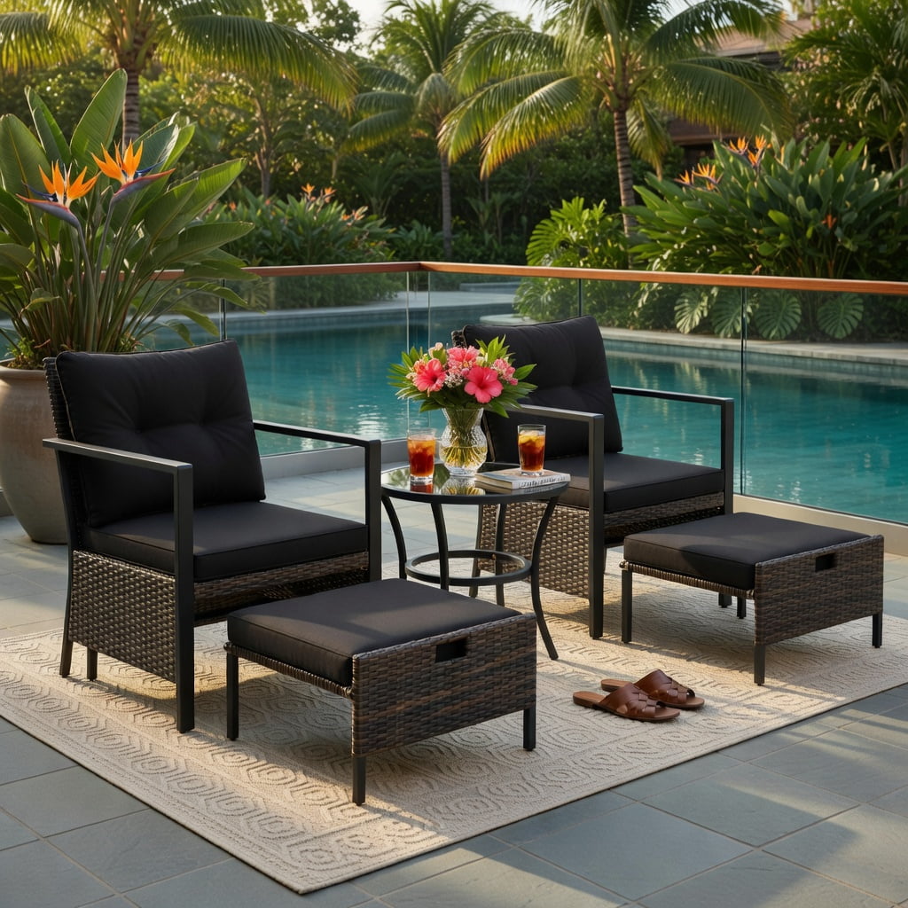 Hommoo 4-Piece Modern Outdoor Wicker Furniture Set with Tempered Glass Coffee Table, PE Rattan & Metal Frame, Black