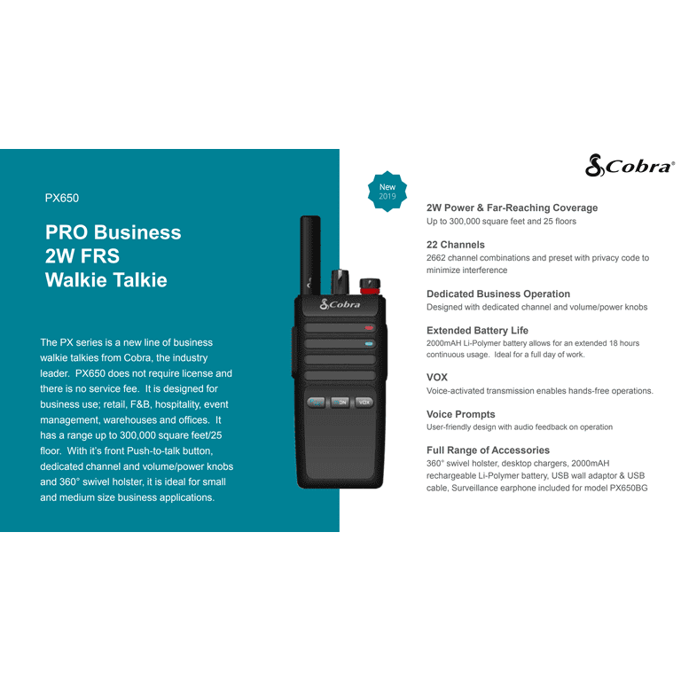 Cobra PX655 Pro Business 2W FRS Two Way Radios (Pair) IPX4 Waterproof  Walkie Talkies, up to 42 mile, 300,000 Sq ft. & 25 Floor Range, 22 Channels  with