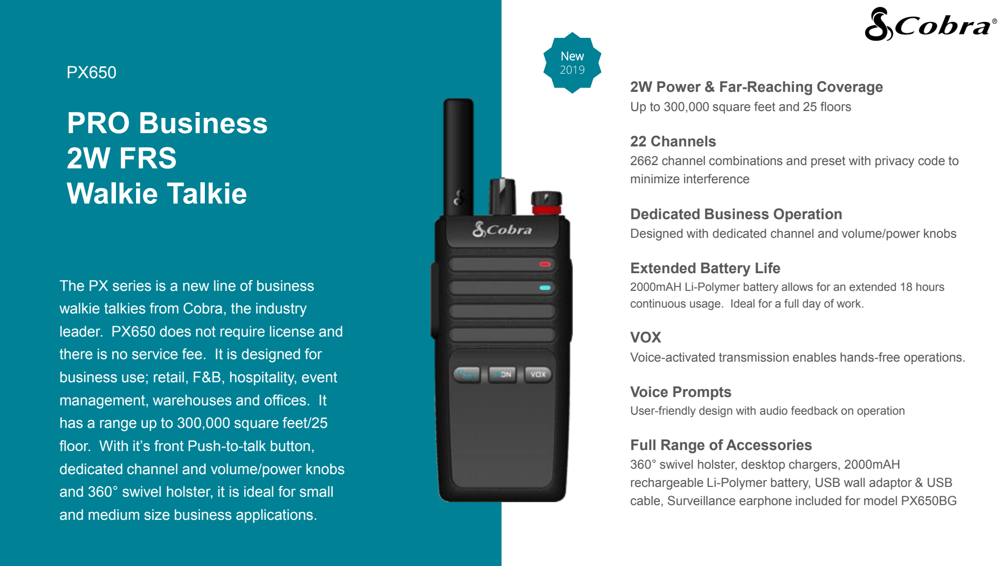 Cobra PX655 Pro Business 2W FRS Two Way Radios (Pair) IPX4 Waterproof Walkie  Talkies, up to 42 mile, 300,000 Sq ft.  25 Floor Range, 22 Channels with  Privacy Codes