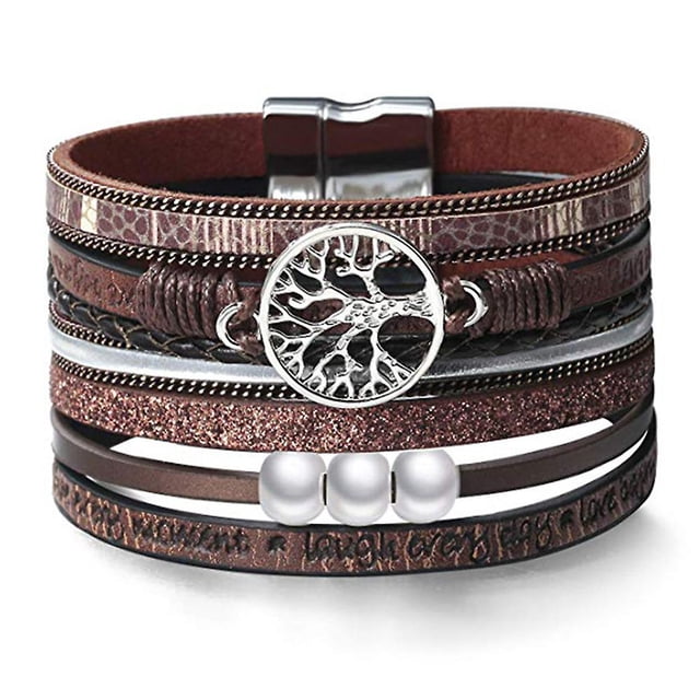 Pulsera de cuero de PU, pulsera con hebilla magnética del Árbol de la Vida de perlas -marrón