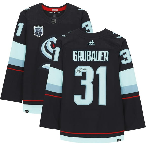 Philipp Grubauer Seattle Kraken Autographed Navy Adidas Authentic Jersey with Inaugural Season Jersey Patch - Fanatics Authentic Certified