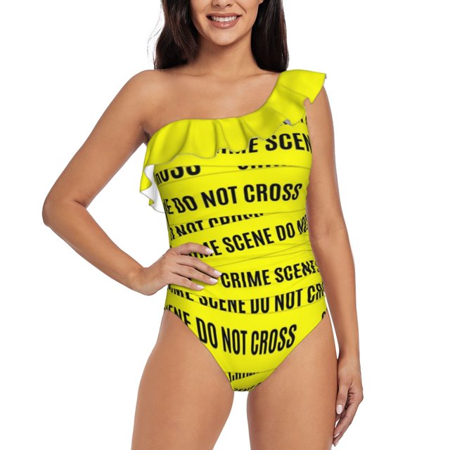 Crime Scene Tape Pattern One Piece Swimsuit Women Ruffle Monokini Shoulder Swimsuit Bathing Suit Swim Wear Crime Scene Do Not