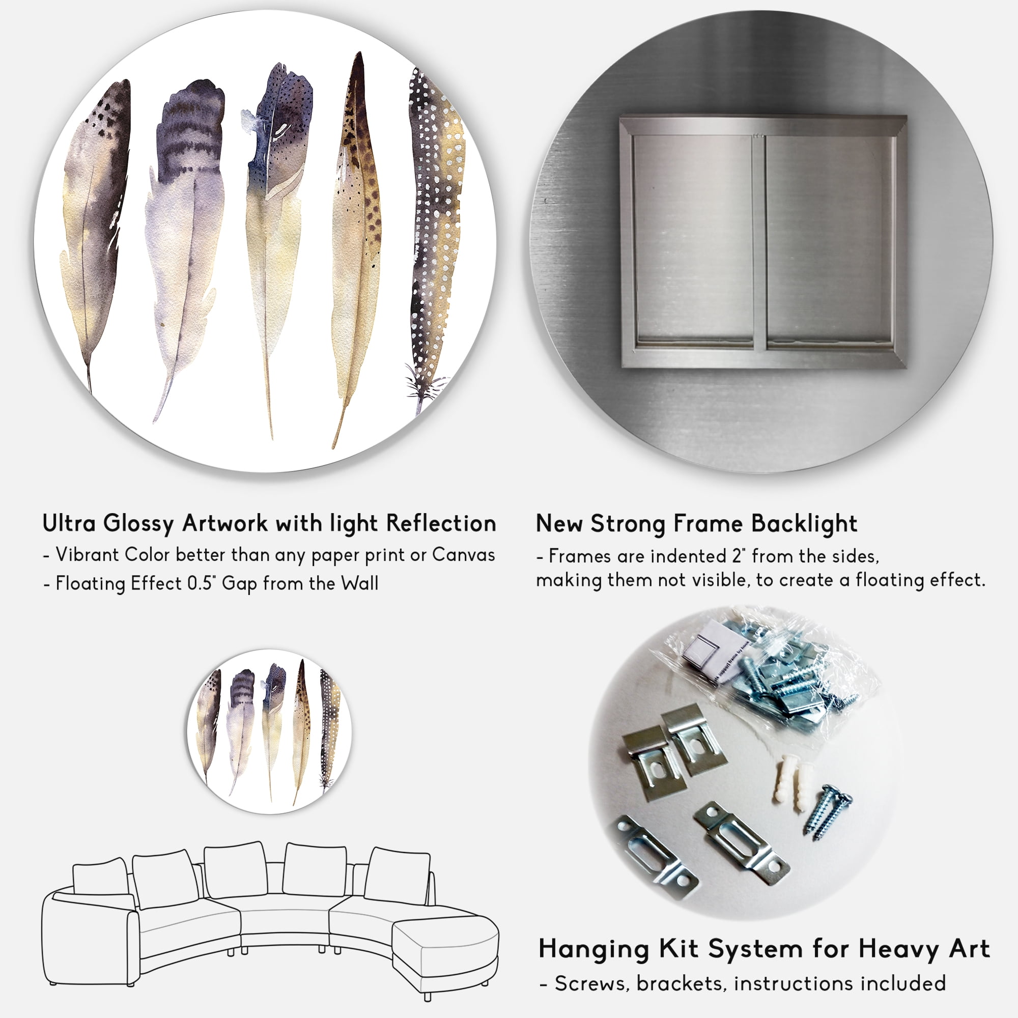 Designart 'Dark Gray Feathers Boho Ethnic II' Bohemian & Eclectic Circle Metal Wall Art 23x23 - Disc of 23
