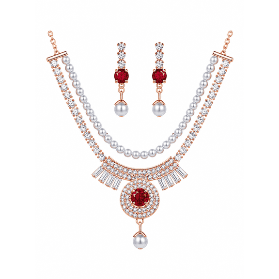 AlKhalil - Luxury Pearl & Ruby Crystal Necklace and Earrings Set – Elegant Bridal & Party Jewelry