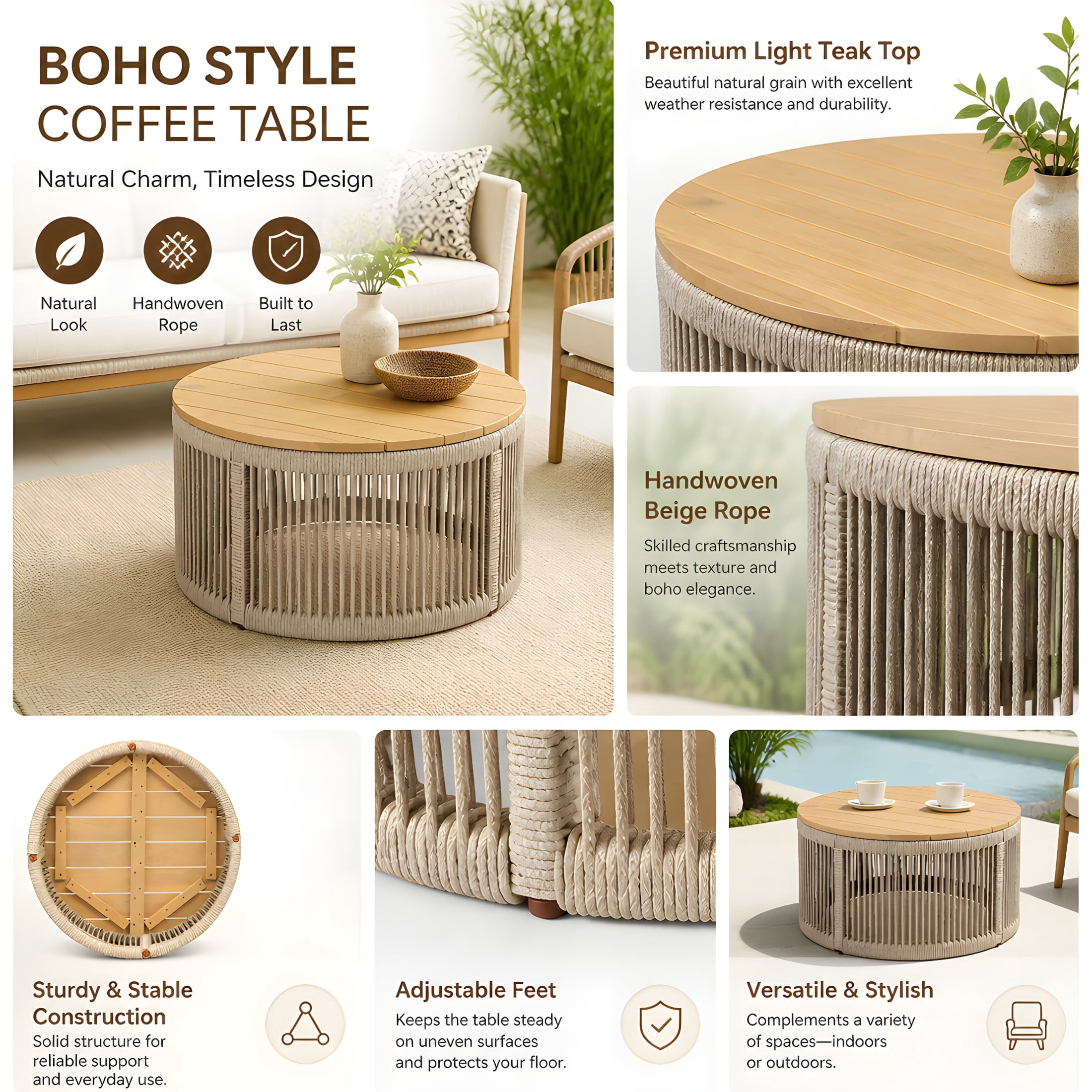 Christopher Knight Home 3-Piece Patio Conversation Set, Rope Accent Seating with Cushions, Light Teak+Cream