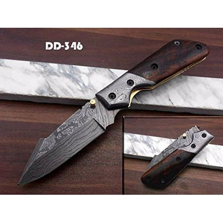 Damascus steel 7.5 long Folding Knife Rose wood with Damascus bolster pocket clip scale custom made Hand Forged blade Cow hide leather sheath