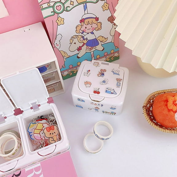 Cute Plastic Button Desktop Storage Box Jewlery Organizer Case With Lid Sticker