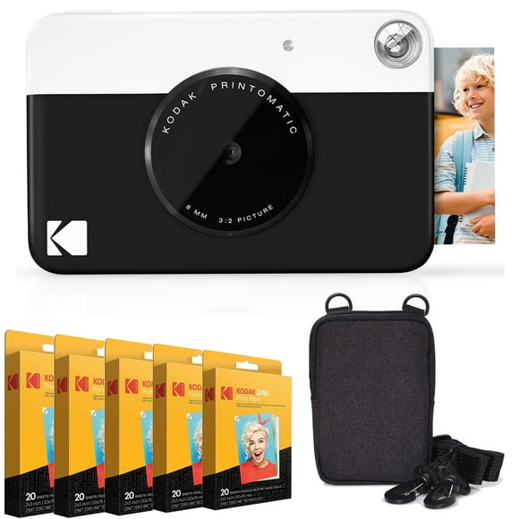 Kodak Printomatic Instant Camera Bundle with Zink Photo Paper 100-Pack & Case (Black)