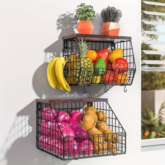 2 Set Wall Mounted Wire Baskets - Fruit and Vegetable Storage for Kitchen Counter, Hanging Fruit Basket,  Onion Basket, Countertop Organization Pantry