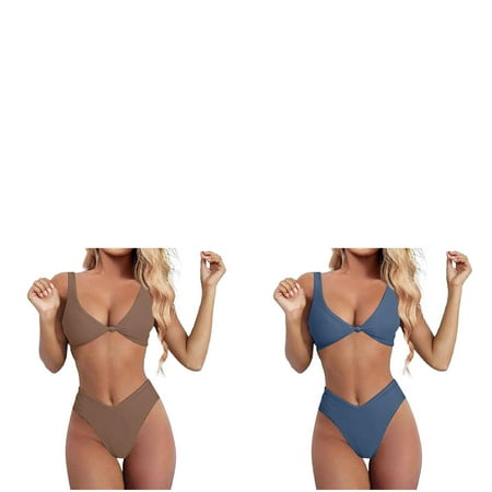 Wijhcboe 2 Pack Bikini Sunflower Bikini Top for Women Set For Women Solid Swim Pants for Girls Size 16 V Neck Knot Front Double D Swimsuits for Women Push Up High Leg Thong Two Piece Juniors Swimsui