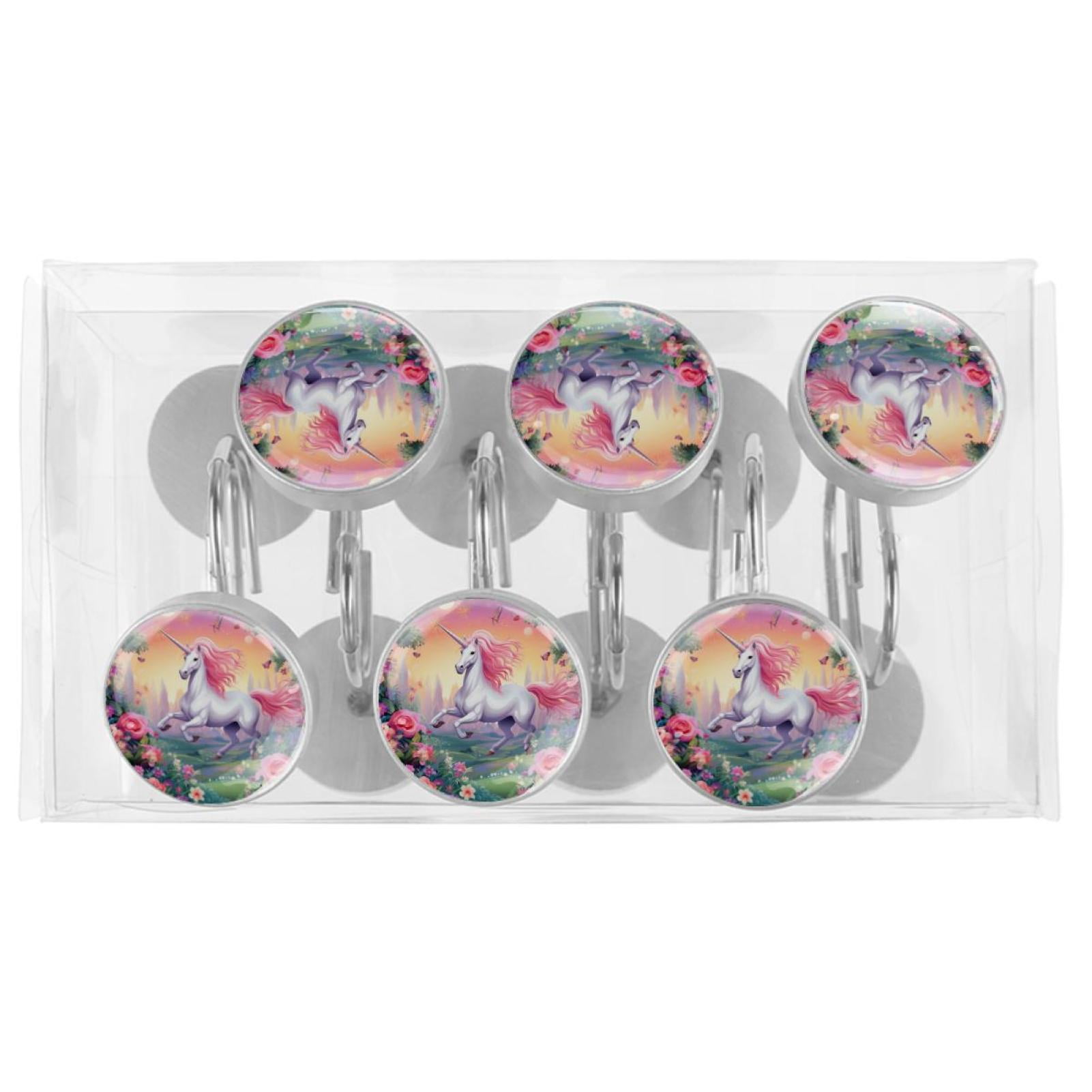Unicorn Shower Curtain Hooks （Set of 12） for Home Hotel Shower Rods Bathroom Crystal Glass Print Stainless Steel Round Curtain Hooks