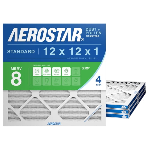 Aerostar 12x12x1 MERV 8 Air Filter, 4 Count, ACTUAL SIZE (11.75 x 11.75 x 0.75), HVAC, Air Conditioning & Furnace Filter Captures Dust, Lint & Pollen