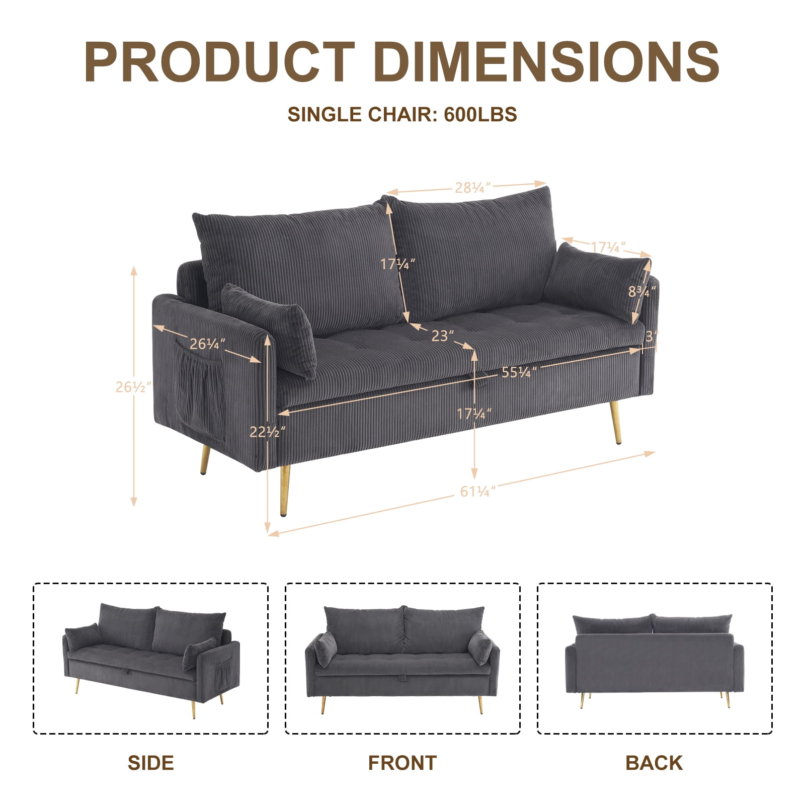Furniliving 2 Seat Fabric Sofas with 2 Pillow, Modern Small Loveseat Sofa, Upholstered Button Tufted Sofa Couch, Gray