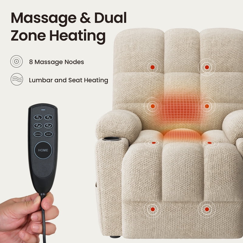 COLAMY Serene Dual Motors Power Lift Recliner Chair with Massage and Heat for Elderly People, Independent Adjustable Backrest Headrest, Extended Footrest，USB Charging Ports and Cup Holders, Beige