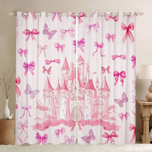 Homewish Pink Dreamy Castle Black Out Curtains,Cute Bowtie Ribbon Curtains Pack of 2 (42x63 Each),Fairy Tale Princess Bedroom Curtains For Girl Teens,Luxury Bedroom Decor