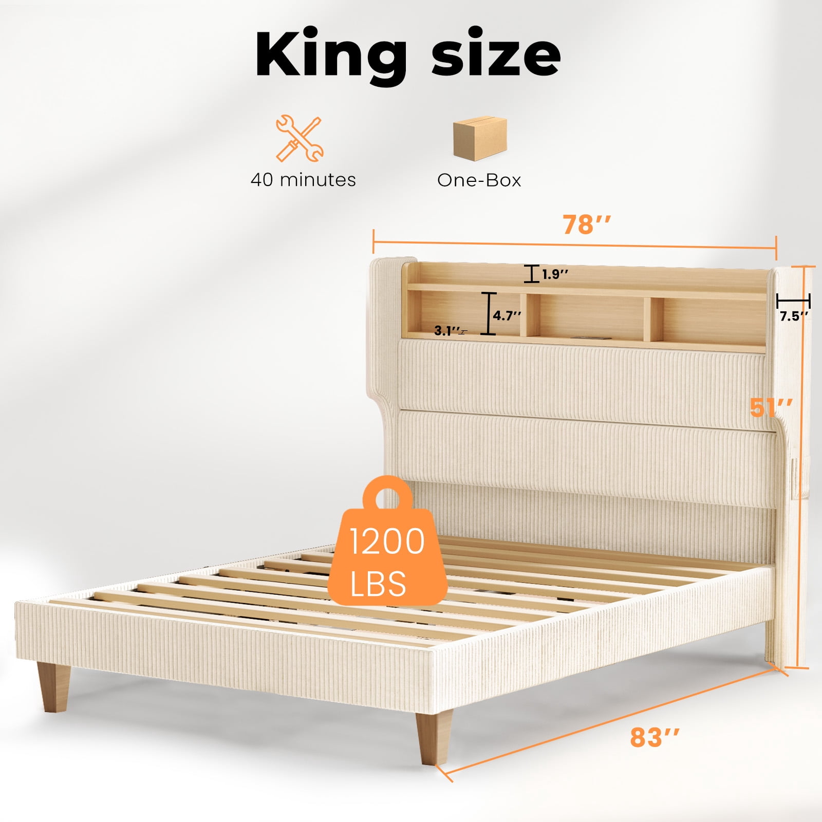 Bed Frame King Size with 51" Tall Headboard, LED Lights and Charging Station, Corduroy Upholstered Bed Frame King with Storage Shelf, No Box Spring Needed, Beige