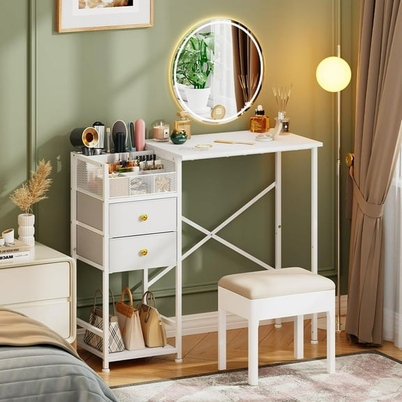 White Vanity Desk with 2 Fabirc Drawers, 9 Compartments, 35.5" Makeup Table with Diversified Storage Small Vanity Without Mirror & Stool, Storage Shelves Girls Dressing Table for Bedroom