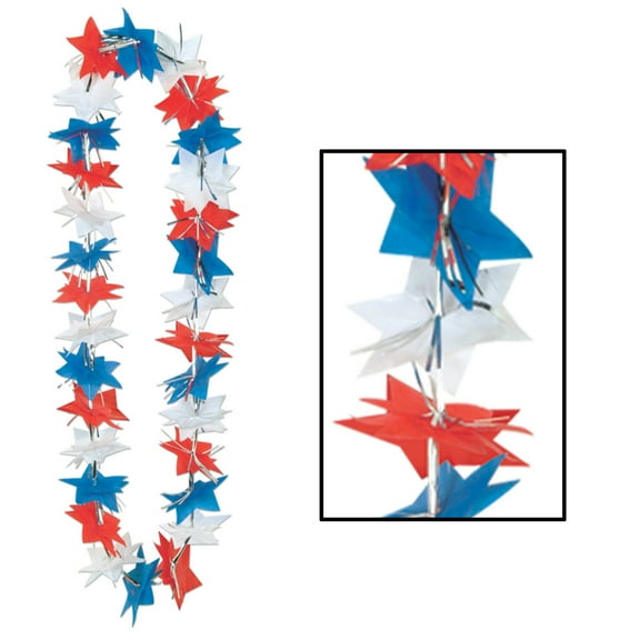 Club Pack of 12 White and Blue 4th of July Patriotic Star Party Lei Necklaces 36"