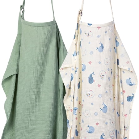 ANYEDDE 2-Pack Nursing Cover for Baby Breastfeeding - Muslin Breastfeeding Covers for Women Nursing,Breathable,Soft Arch Neckline,Green & Whale