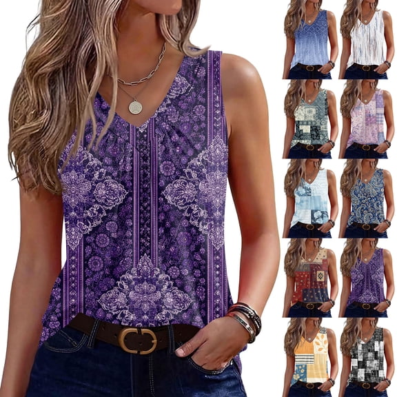 Women's Tank Tops V Neck Sleeveless Floral Print Loose Fit Casual Basic Summer Blouse for Ladies Purple 2XL
