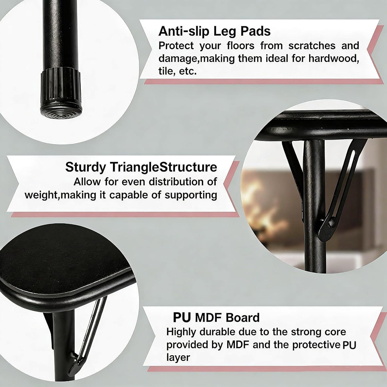 34" Folding Table, Portable Square Foldable Card Table for Poker Games, Camping, Picnic, Metal Construction with PU Soft Padded Tabletop, Space Saving Storage, Black