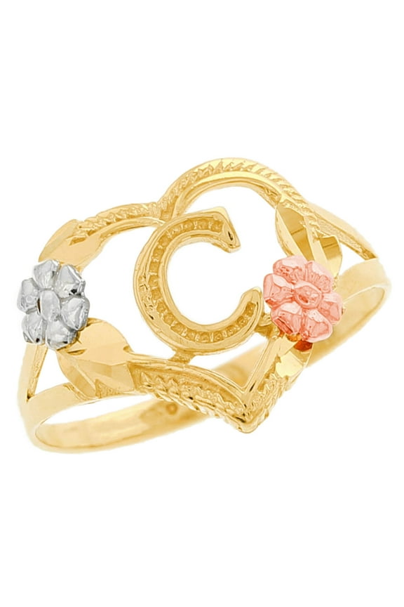 10k Multi-Tone Gold Diamond Cut Floral Letter Initial C Heart Ring