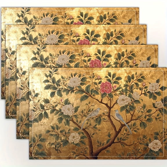 4pcs Elegant Chinoiserie Golden Placemats,fashion print pattern table mat, for dining table, kitchen, party, indoor, holiday, dinner parties and home decor (table mats) 12x18 Inch