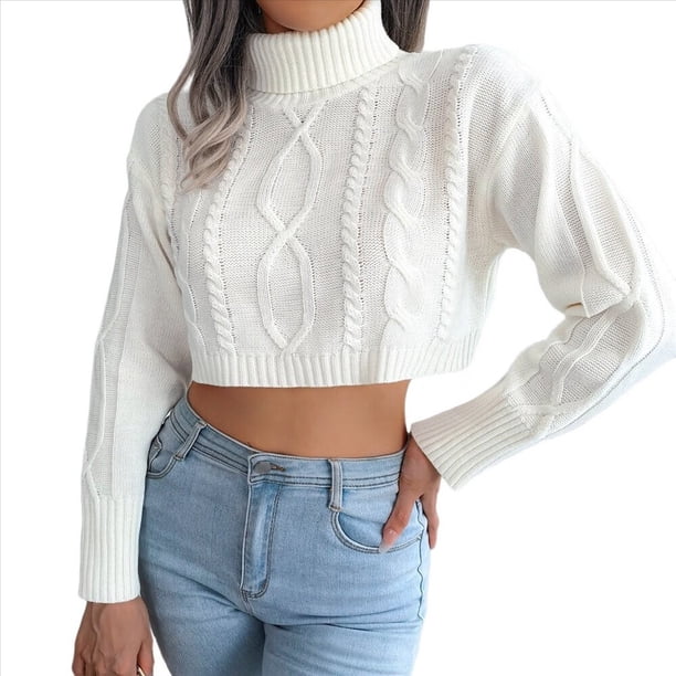 Suéter Corto de Cuello Alto para Mujer, Suéter de Punto, Jersey de Larga con Cuello Redondo, Tops. M