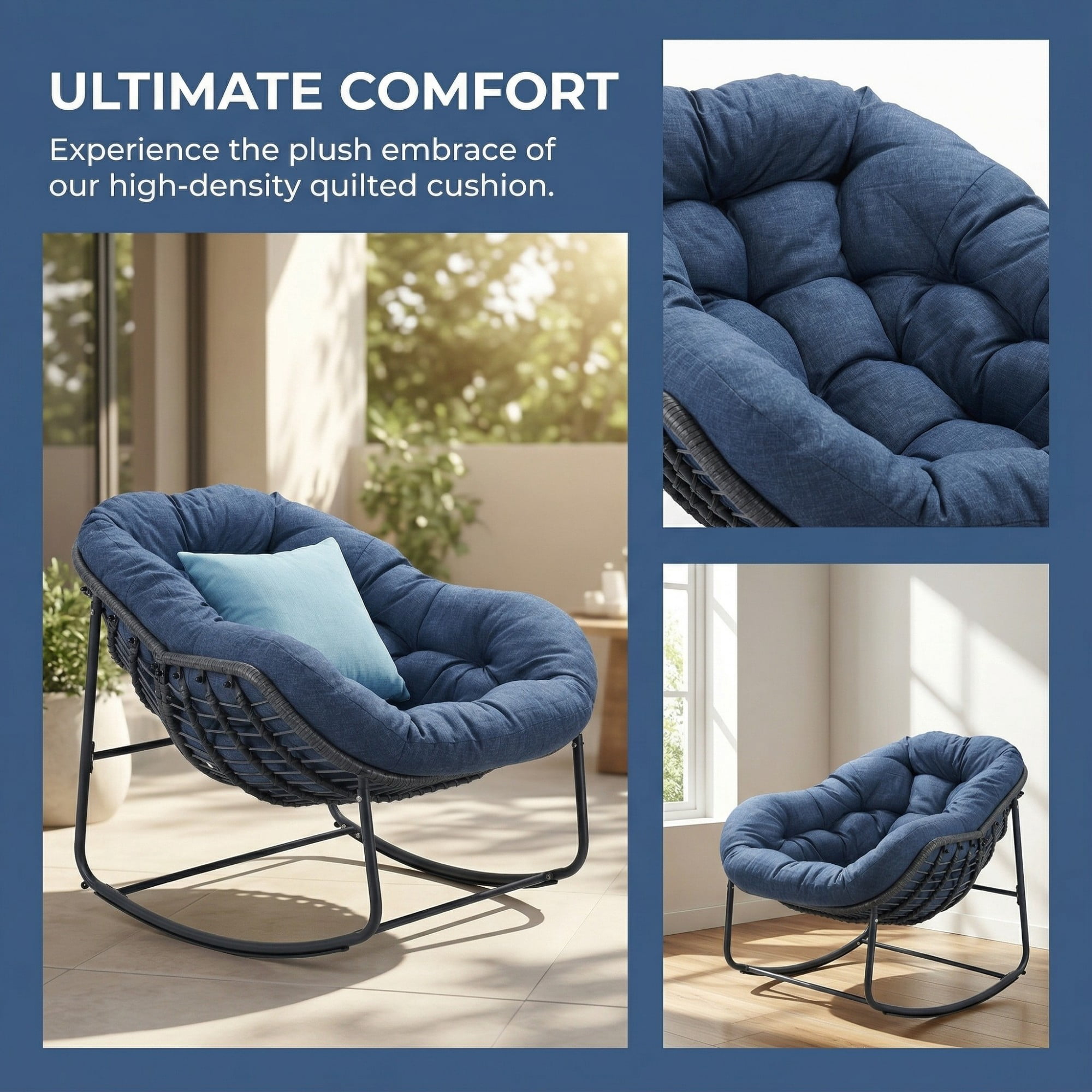 Outdoor Papasan Rocking Chair, Oversized Egg Rocking Chair with Cushion, Wicker Rattan Patio Rocker, Indoor Outdoor Lounge Chair for Porch Garden Living Room, Navy Blue