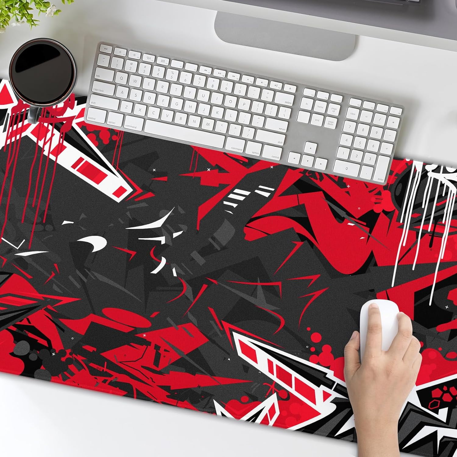 Black Red Gaming Mouse Pad XXL Abstract Graffiti Geometric Cool Extended Big Large Desk Mat Non-Slip Rubber Base Stitched Edge Long Keyboard Mousepad for PC Computer Laptop,35.4×15.7 in