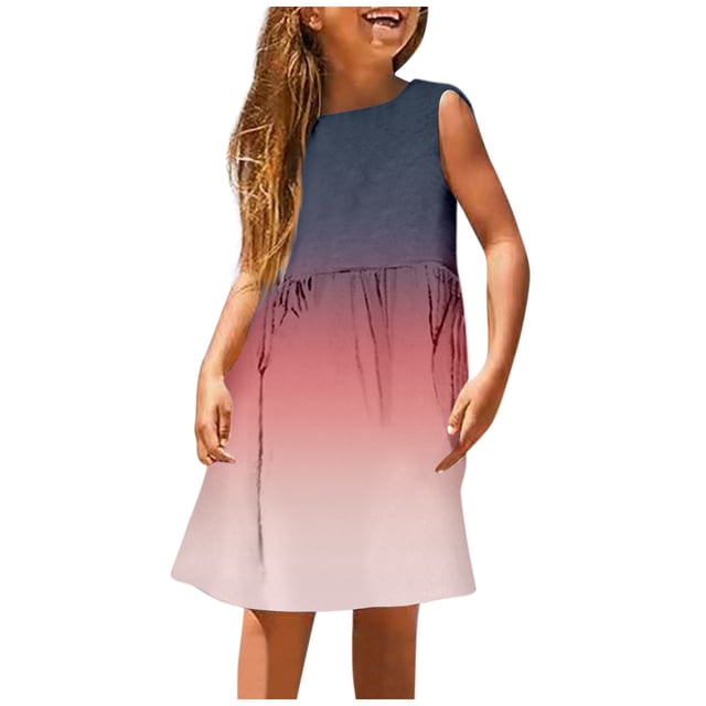 Robes pour Filles - Robe d'Été Sans Manches Évasée pour Tout-Petits et Enfants - Décontractée Extensible à Encolure Ronde avec Imprimé Dégradé pour la Plage et l'Extérieur