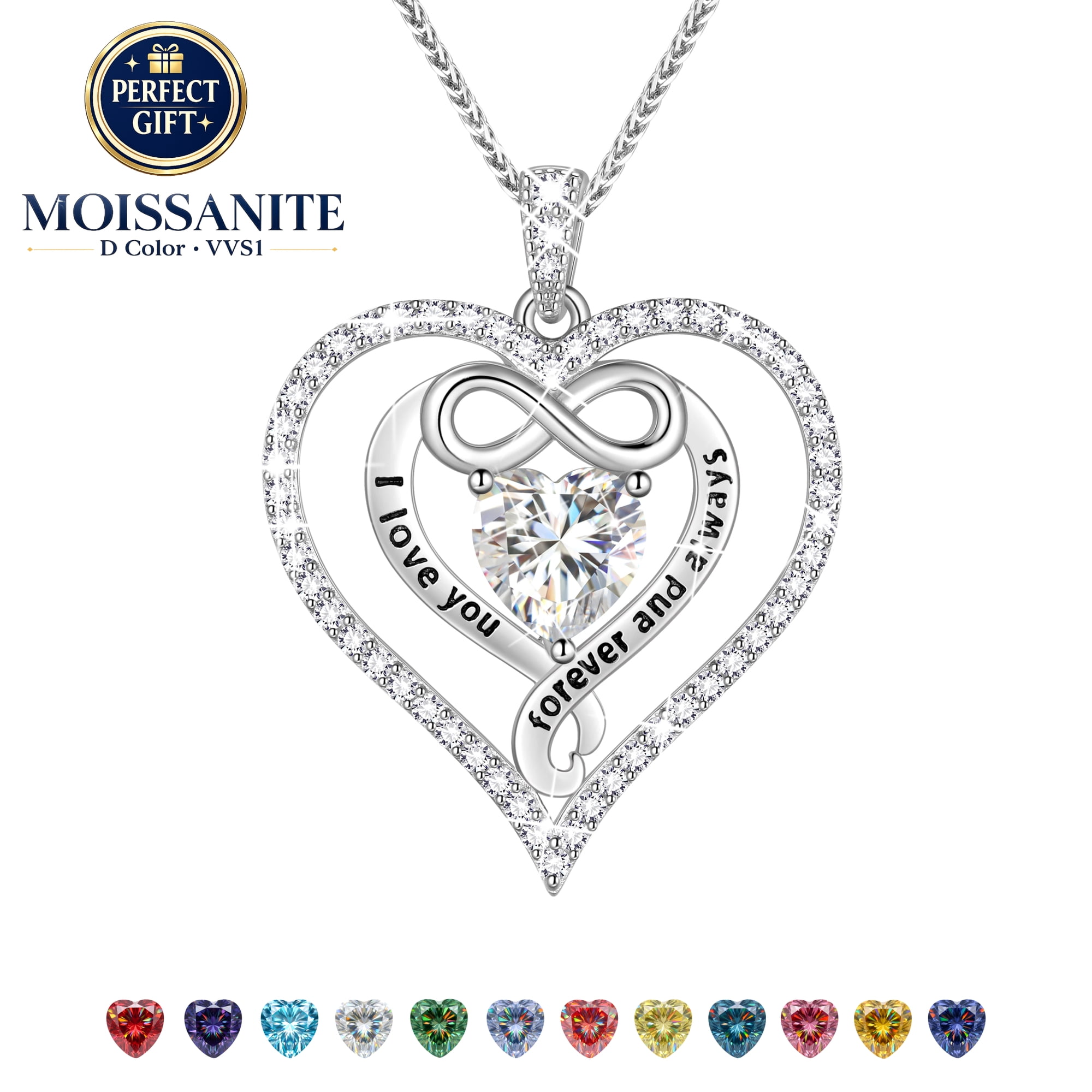 Beautlace 925 Sterling Silver 1CT Heart Moissanite Necklace,I Love You Forever and Always Birthstone Moissanite Jewelry Gift for Women