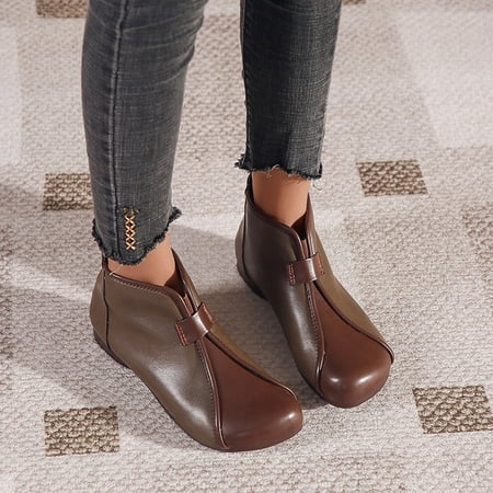 

ZMHEGW Boots For Women Ladies Colorblock Leather Ethnic Round Toe Back Zip Flat Short Boots Shoes
