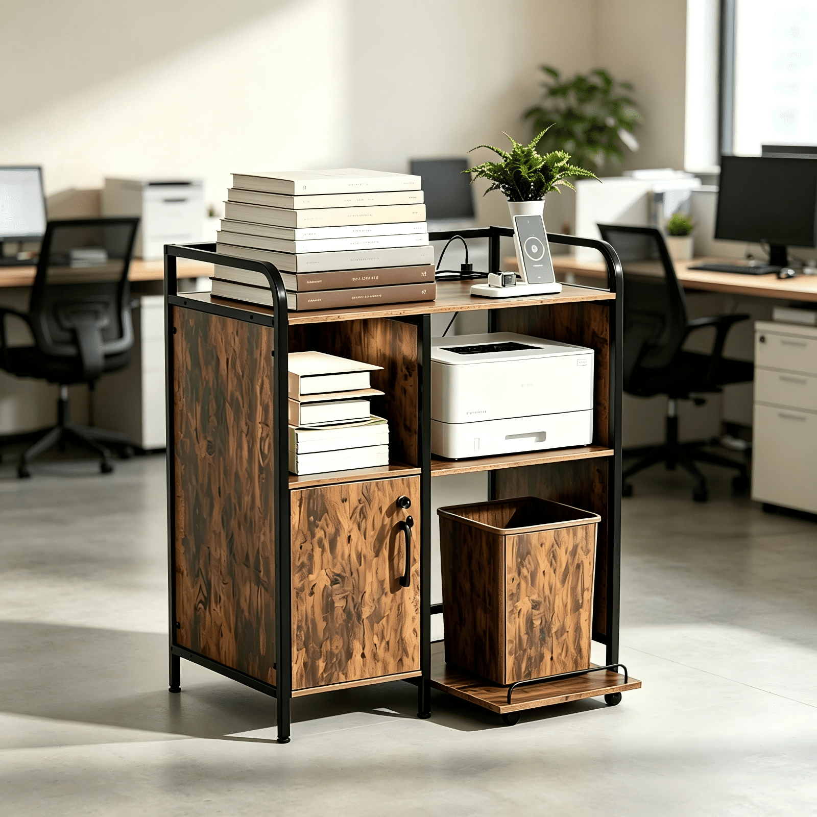 3-Tier Printer Stand with Cabinet and Iron Frame for Home Office