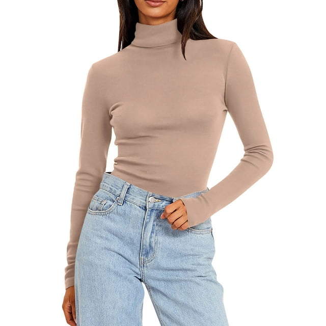 Lenpel Chandails Thermiques pour Femmes en Molleton Doux à Manches Longues, Col Roulé, Coupe Ajustée, Hauts de Base pour Superposition, sous-Vêtements Chauds de Base, T-Shirts (Kaki, Moyen)