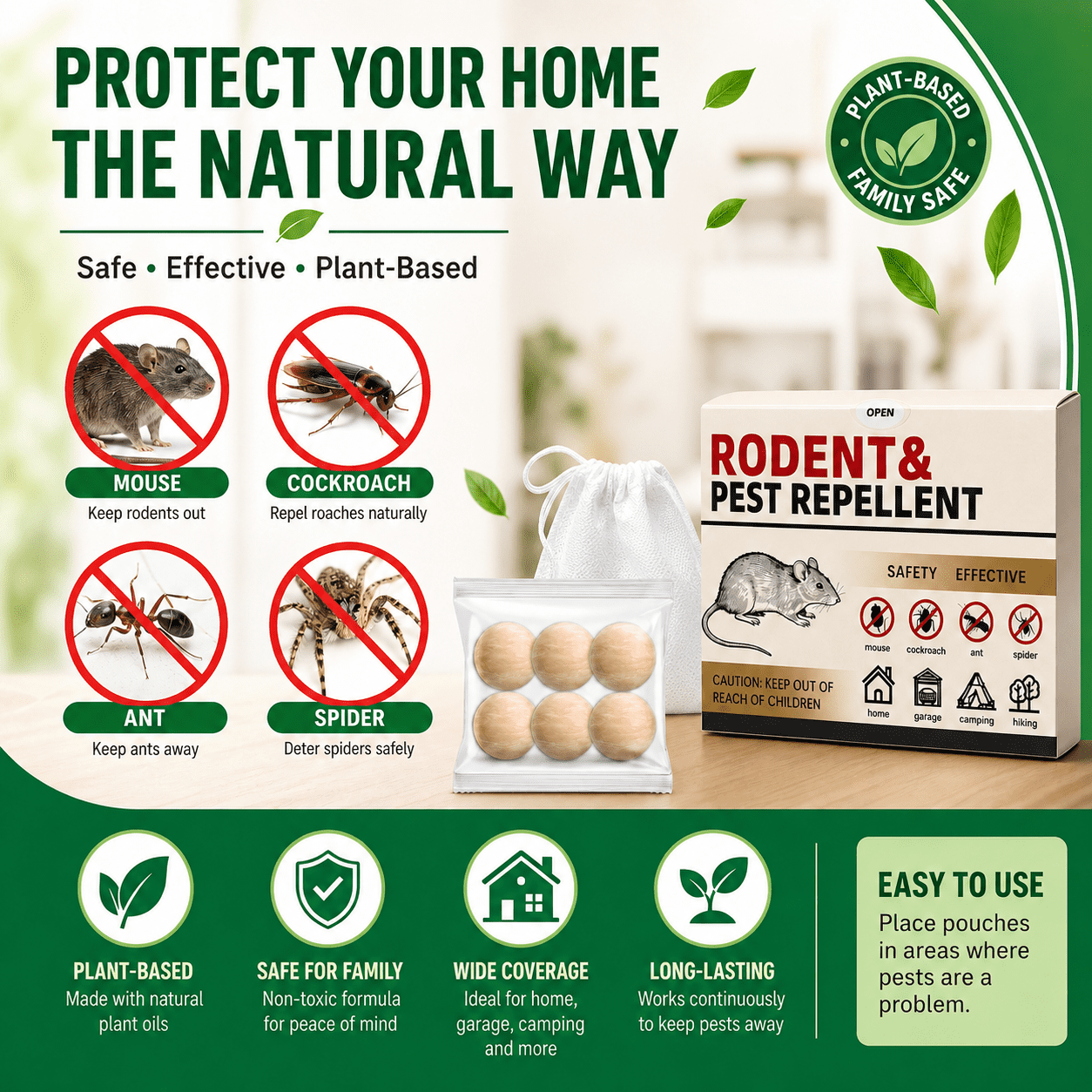 Mouse & Rat Repellent Pouches for Home & Car Engines, Cornmint Oil,72 Balls