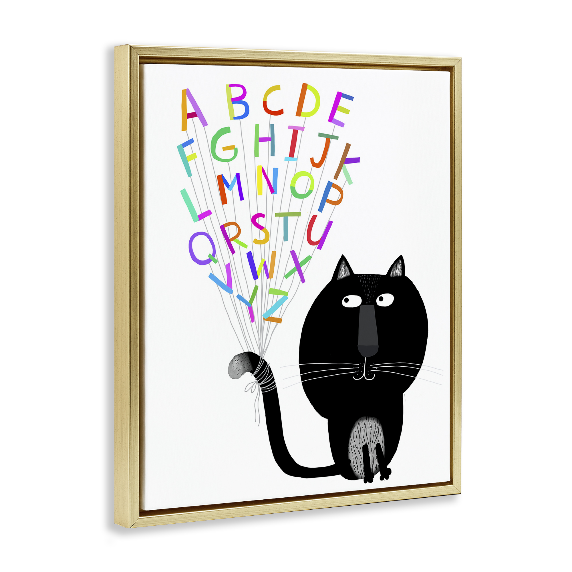 Stupell Industries Cat with Alphabet Animals & Insects Painting Gold Floater Framed Art Print Wall Art, 17 x 21