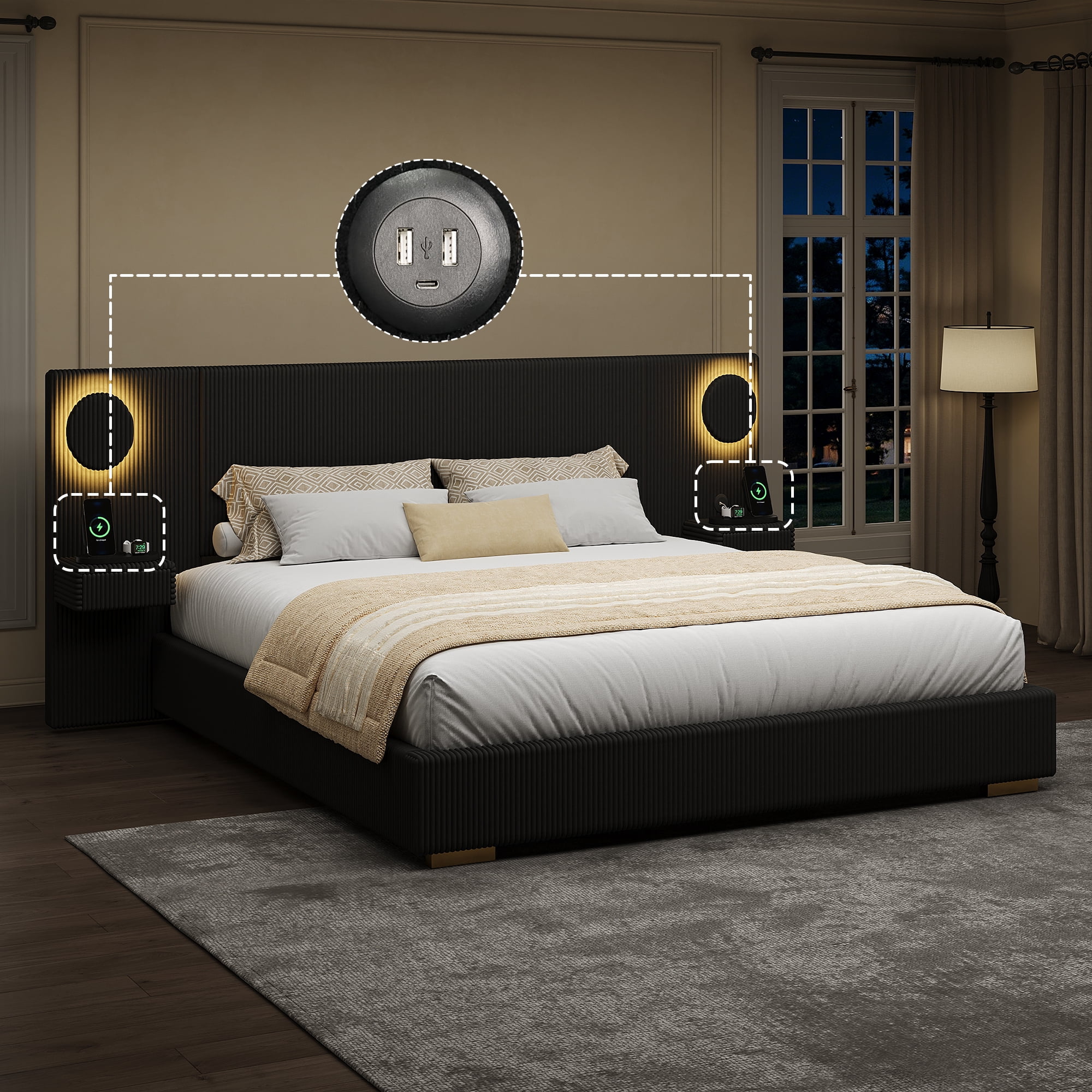Euroco Upholstery King Size Platform Bed with LED Light and Drawers, High Headboard Design with Bedside Tables and USB Ports, No Box Spring Needed, Black