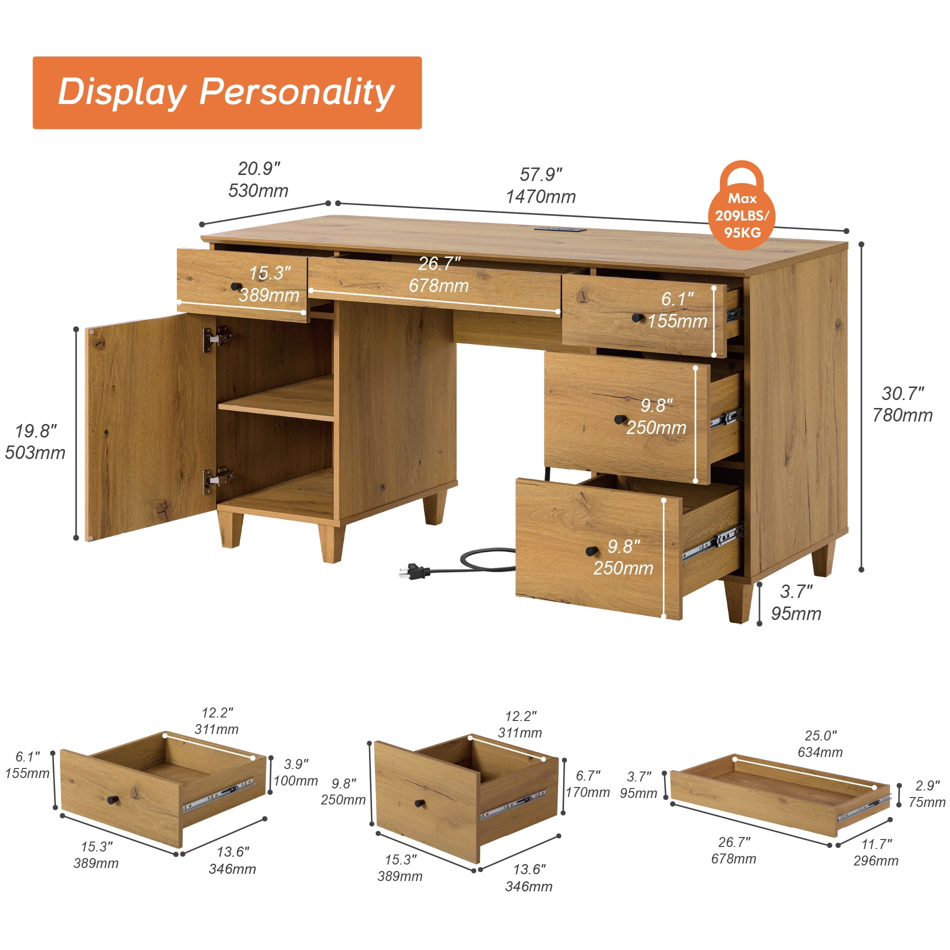 WAMPAT Home Office Furniture Set, 58" Executive Desk with Charging Station and Cabinet, 4-Column 71" Tall Bookcase with Doors and Adjustable Shelves for Living Room,Dark Brown Wood
