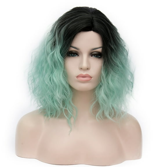 Unique Bargains Human Hair Wigs for Women Lady Curly Wig Cap Fluffy Curly Wavy Mint Green