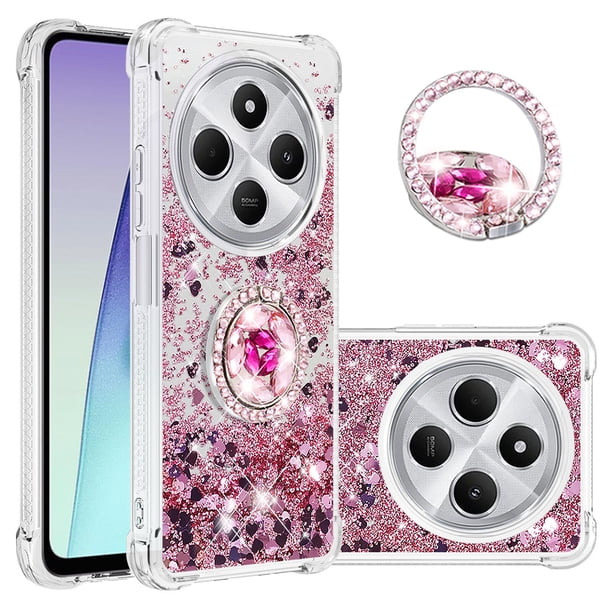 Funda para Xiaomi Redmi 14C con Brillo Líquido Flotante, Purpurina, Parachoques y Anillo Giratorio Soporte