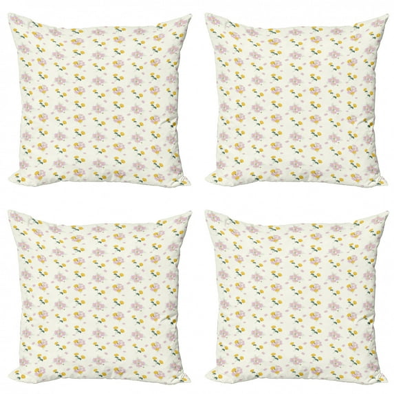 Floral Throw Pillow Cushion Case Pack of 4, Digitally Generated Cosmea and Zinnia Flowers Botanic Art, Modern Accent Double-Sided Print, 4 Sizes, Mustard Reseda Green, by Ambesonne