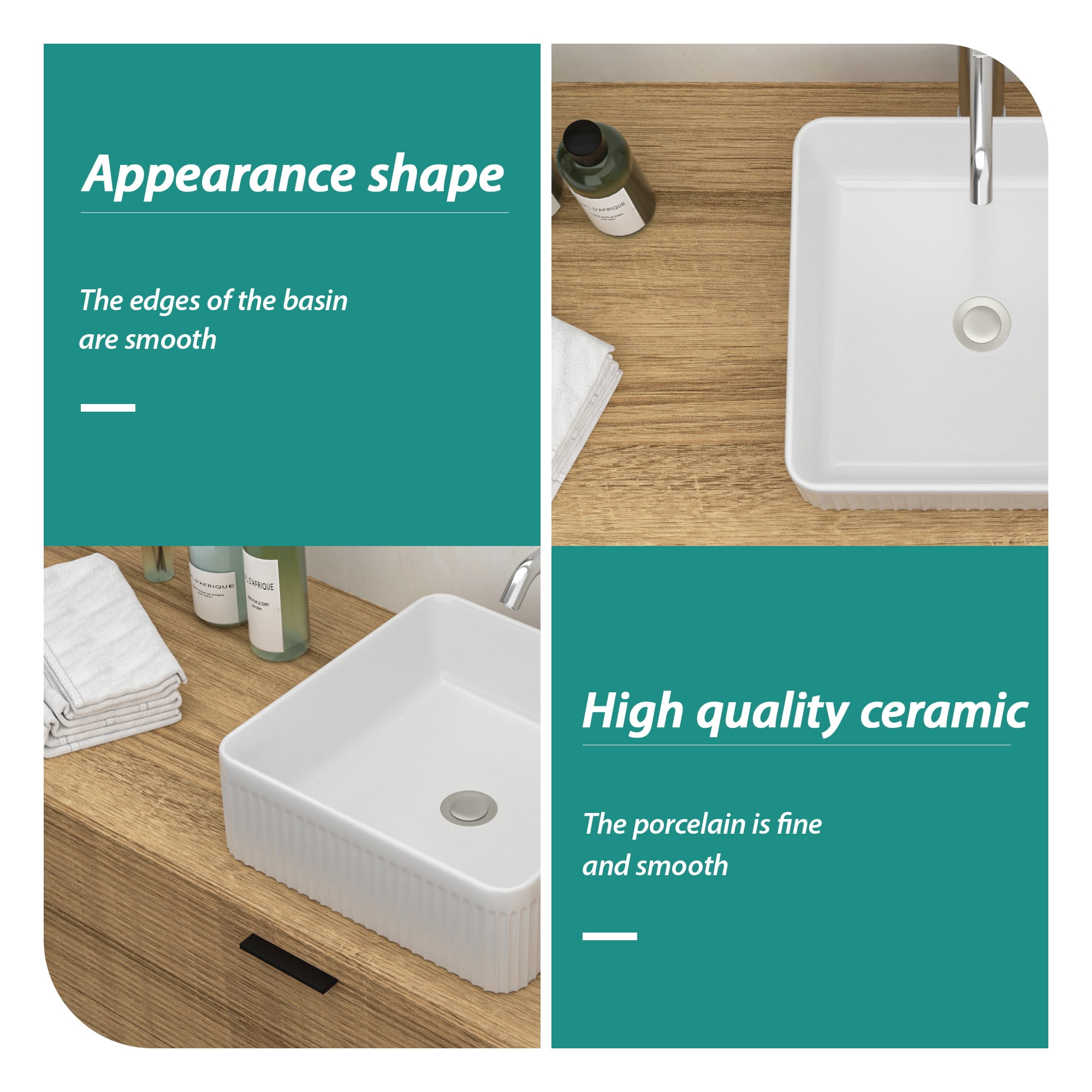 15.69"×15.69"×5.13" White Ceramic Rectangular Countertop Bathroom Sink
