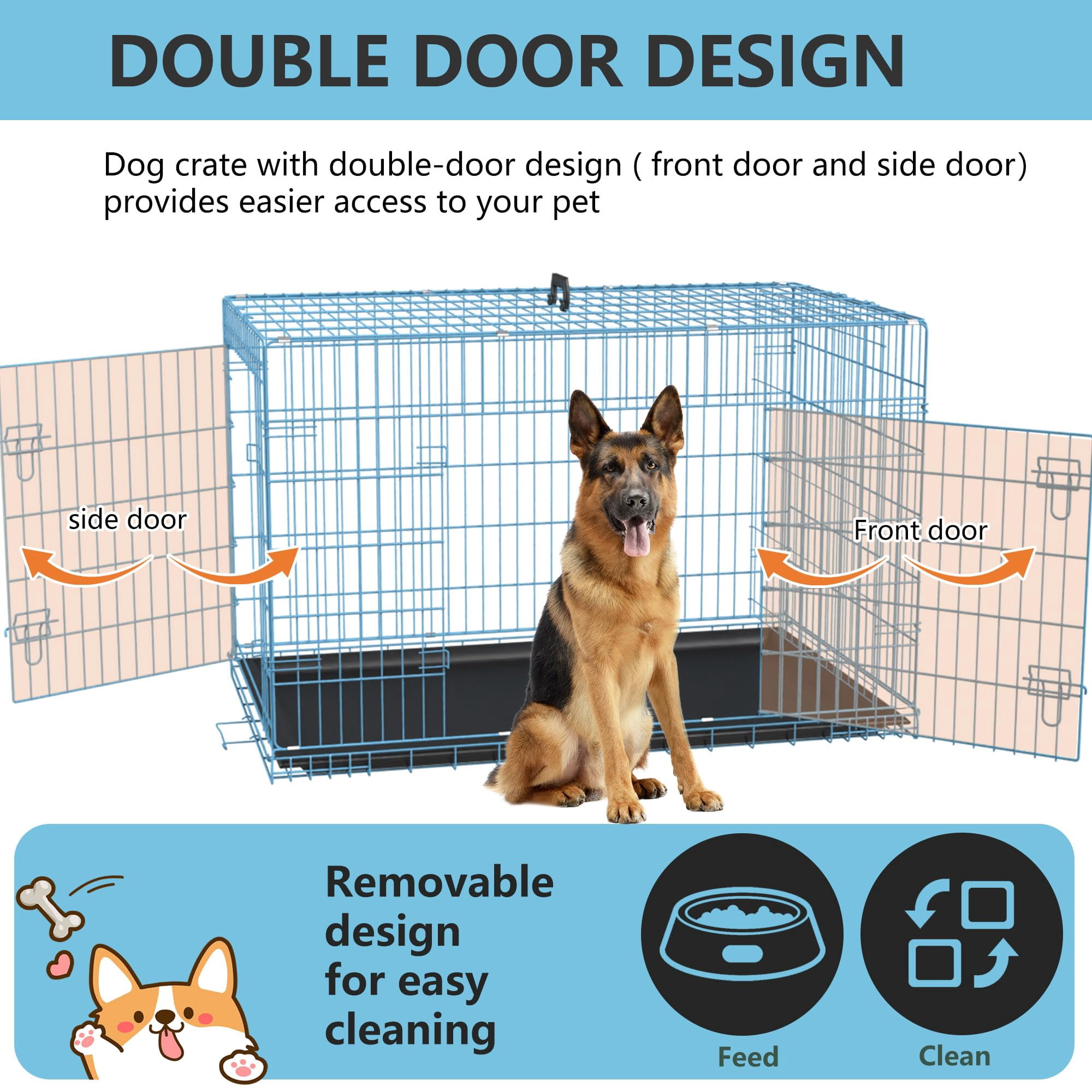 42 Inches Large Dog Crate with Divider Panel, Double Door Folding Metal Wire Dog Cage with Plastic Leak-Proof Pan Tray, Pet Kennel for Indoor, Outdoor, Travel, Blue