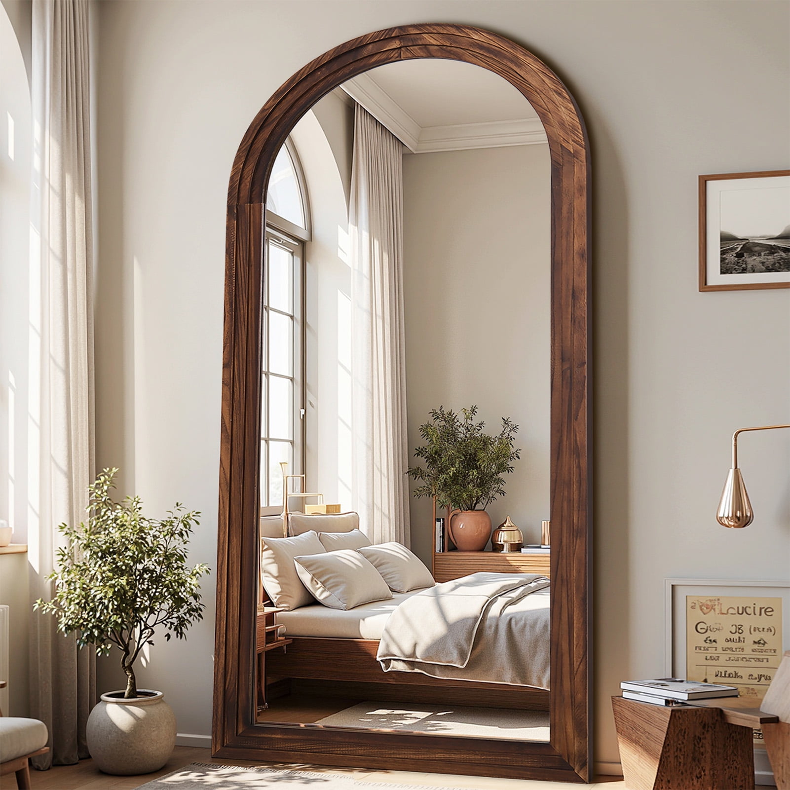 Antok 76"x34" Arched Full Length Mirror with Stand, Standing Floor Mirror with Solid Wooden Frame Full Body Mirror, Vintage Walnut