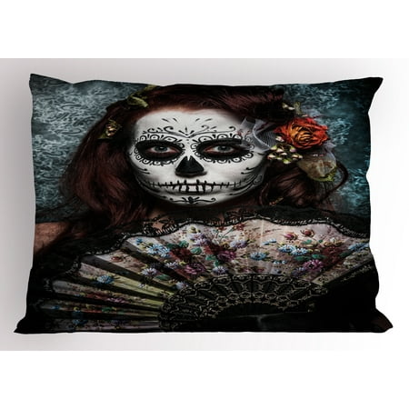 Day Of The Dead Pillow Sham Make up Artist Girl with Dead Skull Scary Mask Roses Artwork Print, Decorative Standard Queen Size Printed Pillowcase, 30 X 20 Inches, Cadet Blue Maroon, by Ambesonne